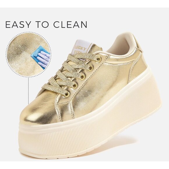 Brand New Women Gold Rubber LUCKY STEP Platform Sneakers Wedge Retro Shoes - Picture 2 of 9